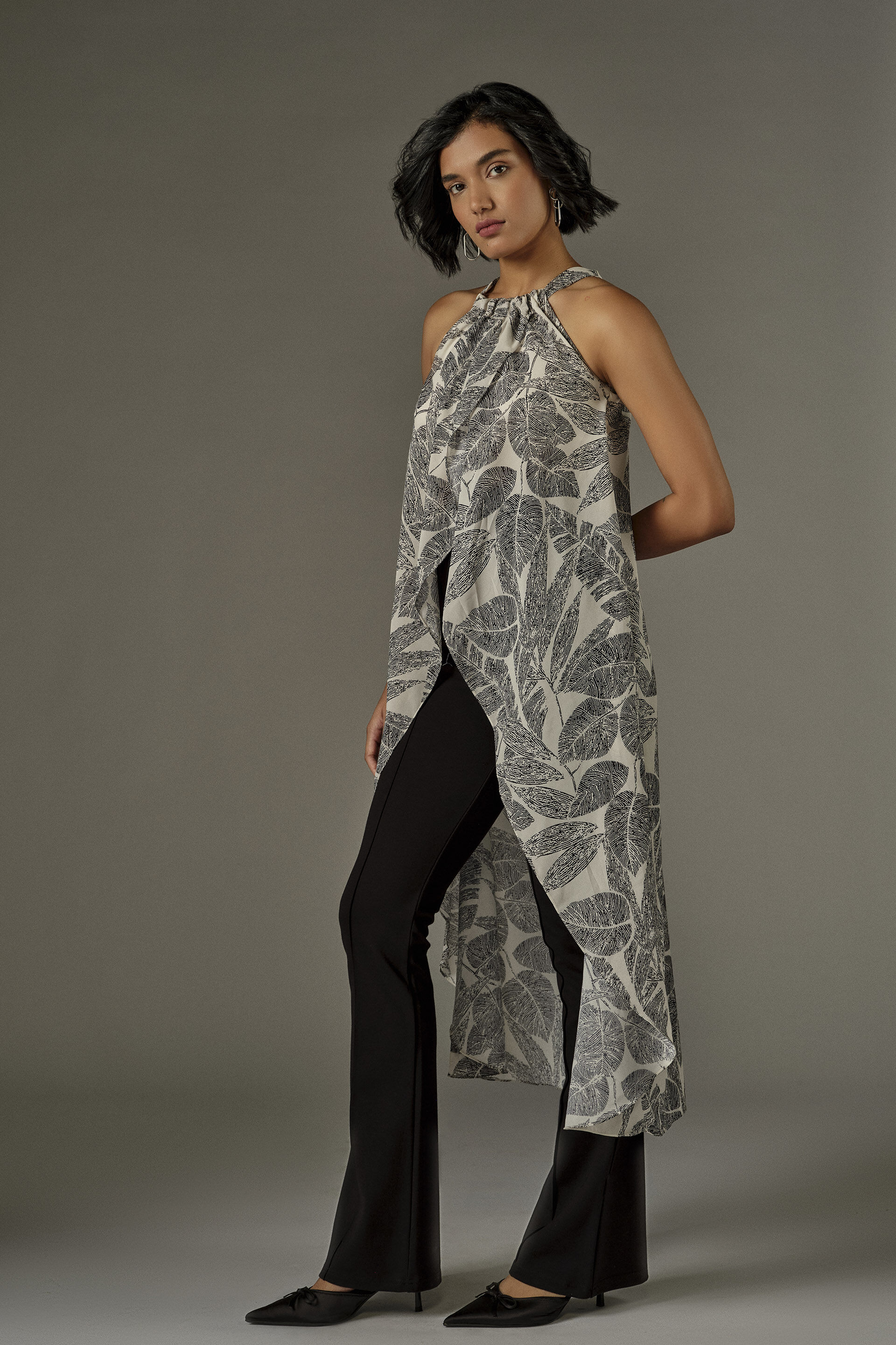 High-low Leaf Print Halter Top in White, White, image 3